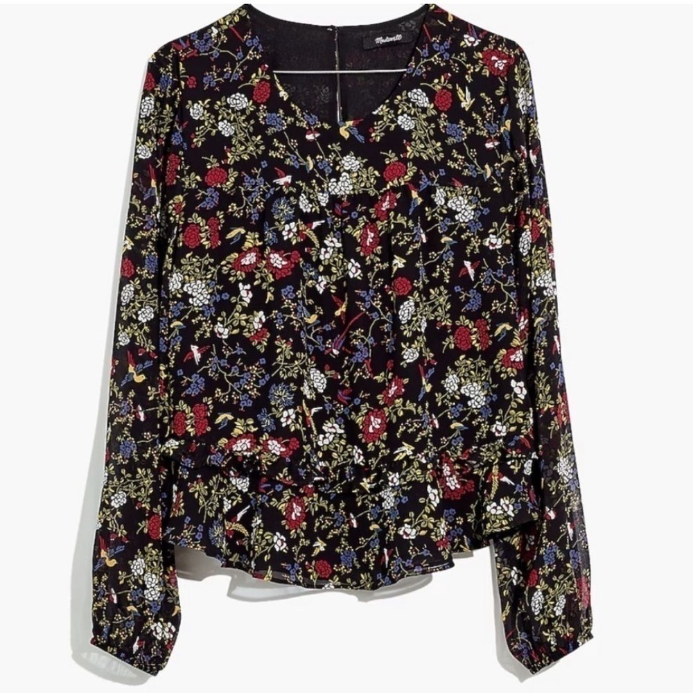 Euc Madewell Sheer-Sleeve Ruffle Peplum Top Finch Floral